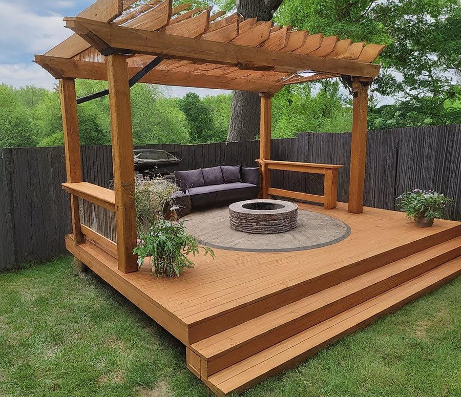 small multi-level deck with a fire pit